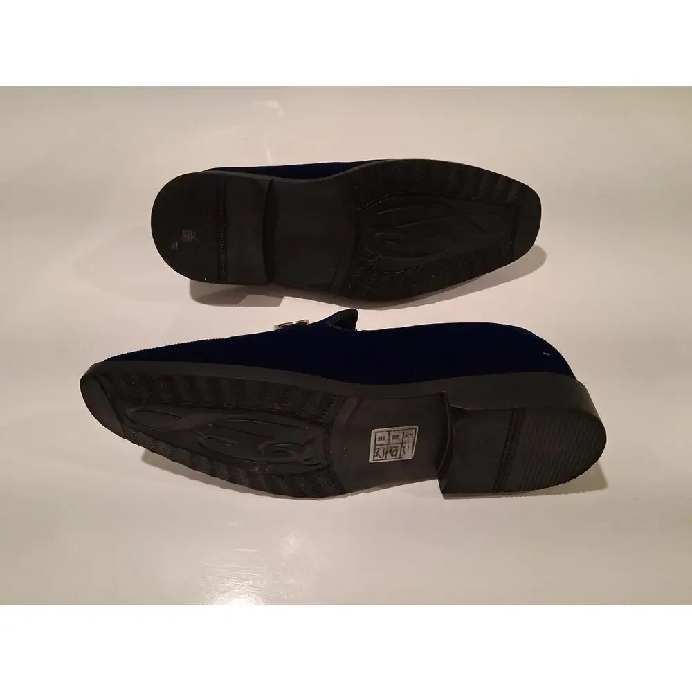 Men's Navy Blue Velvet Loafers Slip-On Dress Shoes Gold Buckle
